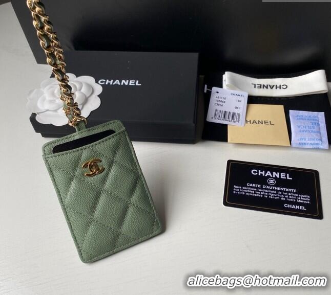 Good Product Chanel Grained Calfskin Card Holder with Neck Strap A81110 Green 2024