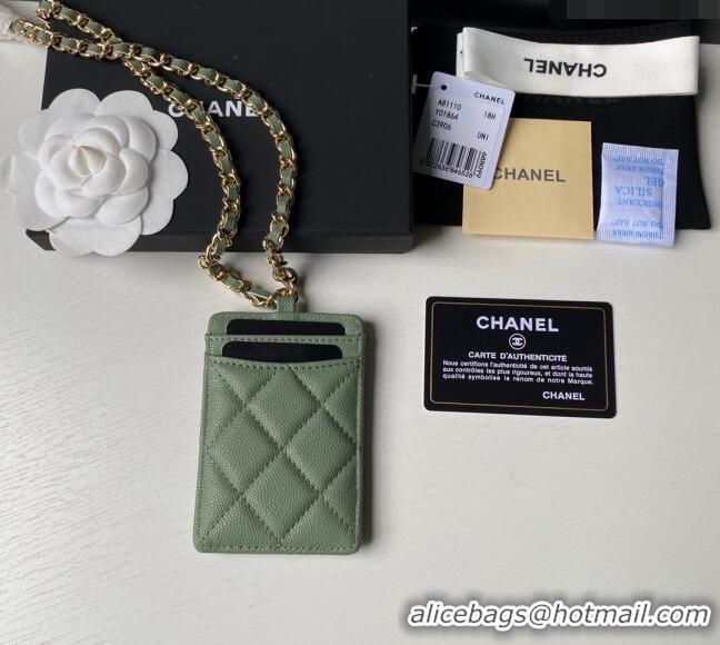 Good Product Chanel Grained Calfskin Card Holder with Neck Strap A81110 Green 2024