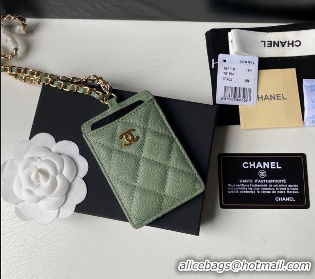 Good Product Chanel Grained Calfskin Card Holder with Neck Strap A81110 Green 2024