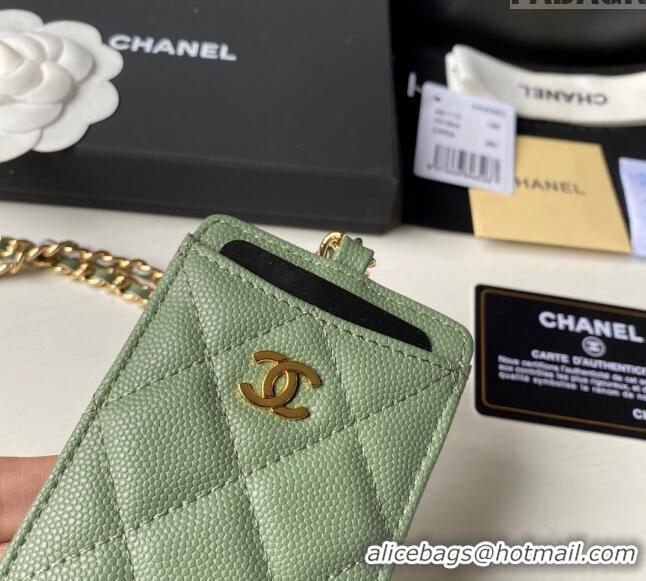 Good Product Chanel Grained Calfskin Card Holder with Neck Strap A81110 Green 2024