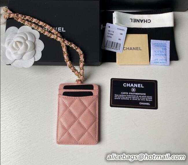 Famous Brand Chanel Grained Calfskin Card Holder with Neck Strap A81110 Pink 2024