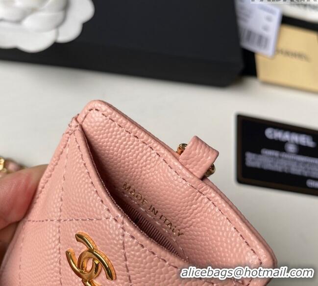 Famous Brand Chanel Grained Calfskin Card Holder with Neck Strap A81110 Pink 2024