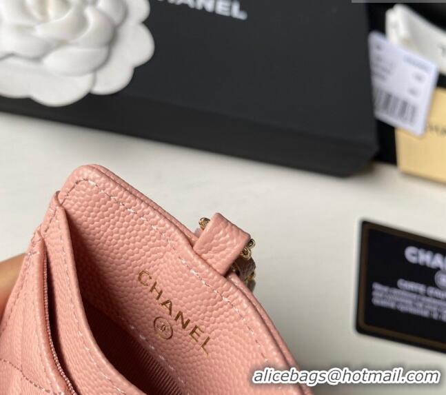 Famous Brand Chanel Grained Calfskin Card Holder with Neck Strap A81110 Pink 2024