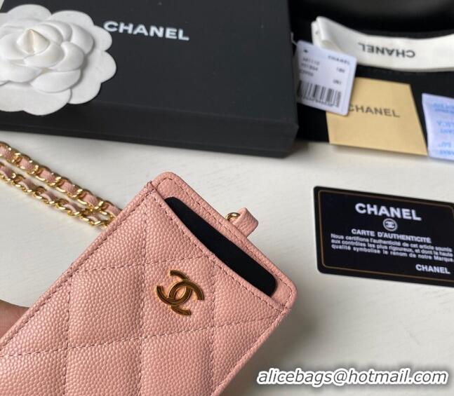 Famous Brand Chanel Grained Calfskin Card Holder with Neck Strap A81110 Pink 2024