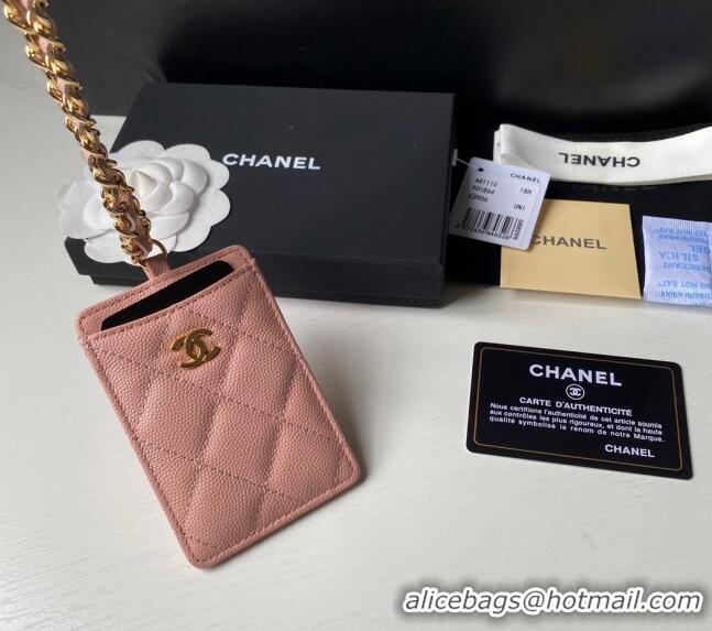 Famous Brand Chanel Grained Calfskin Card Holder with Neck Strap A81110 Pink 2024