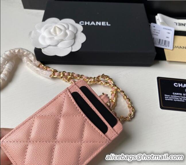 Famous Brand Chanel Grained Calfskin Card Holder with Neck Strap A81110 Pink 2024