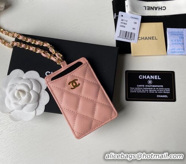 Famous Brand Chanel Grained Calfskin Card Holder with Neck Strap A81110 Pink 2024