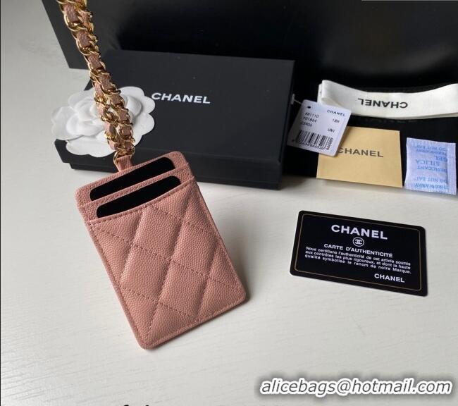 Famous Brand Chanel Grained Calfskin Card Holder with Neck Strap A81110 Pink 2024