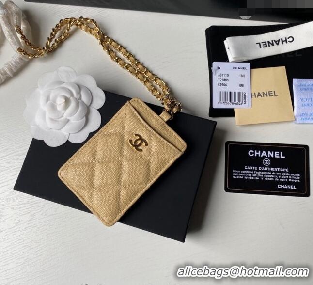 Best Quality Chanel Grained Calfskin Card Holder with Neck Strap A81110 Yellow 2024