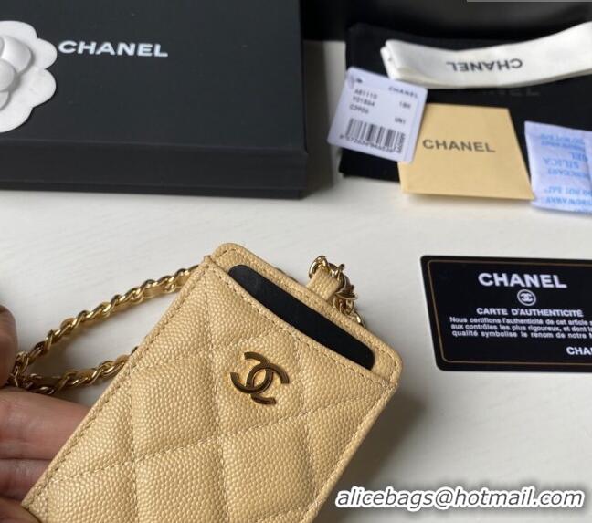 Best Quality Chanel Grained Calfskin Card Holder with Neck Strap A81110 Yellow 2024