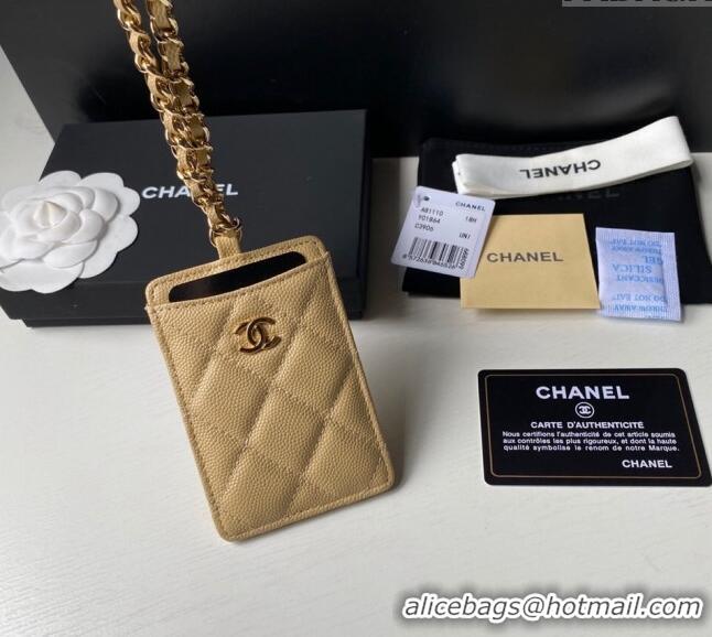 Best Quality Chanel Grained Calfskin Card Holder with Neck Strap A81110 Yellow 2024