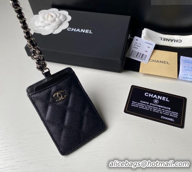 Promotional Chanel Grained Calfskin Card Holder with Neck Strap A81110 Black/Silver 2024