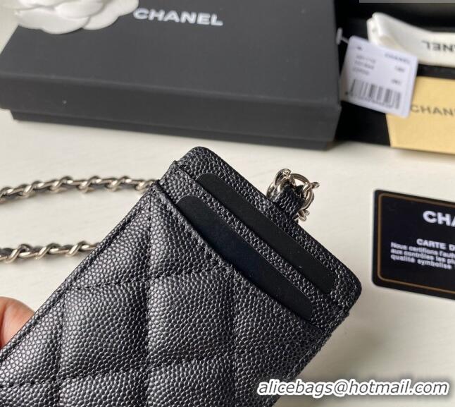 Promotional Chanel Grained Calfskin Card Holder with Neck Strap A81110 Black/Silver 2024