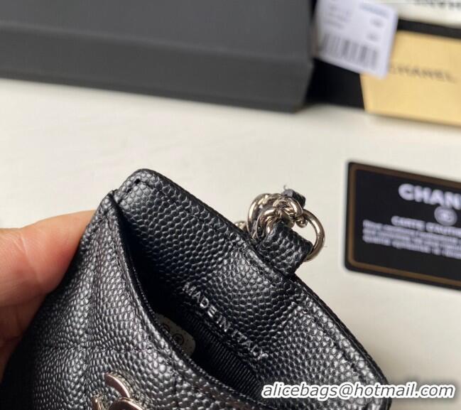 Promotional Chanel Grained Calfskin Card Holder with Neck Strap A81110 Black/Silver 2024