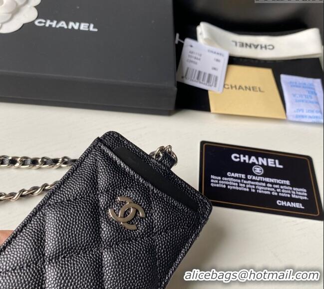 Promotional Chanel Grained Calfskin Card Holder with Neck Strap A81110 Black/Silver 2024