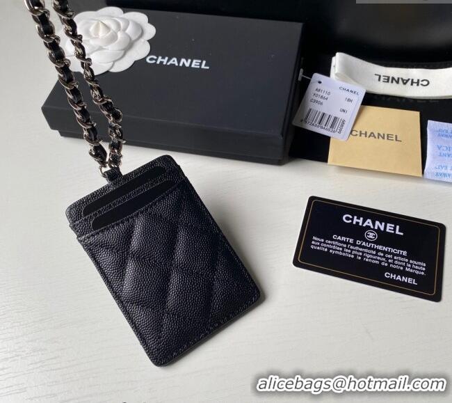 Promotional Chanel Grained Calfskin Card Holder with Neck Strap A81110 Black/Silver 2024