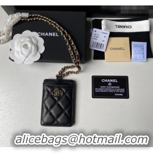 Buy Cheap Chanel Lambskin Card Holder with Neck Strap A81110 Black/Gold 2024