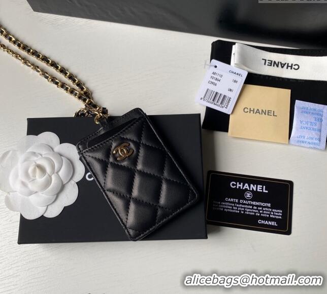 Buy Cheap Chanel Lambskin Card Holder with Neck Strap A81110 Black/Gold 2024