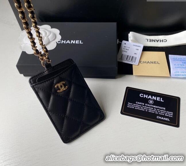 Buy Cheap Chanel Lambskin Card Holder with Neck Strap A81110 Black/Gold 2024