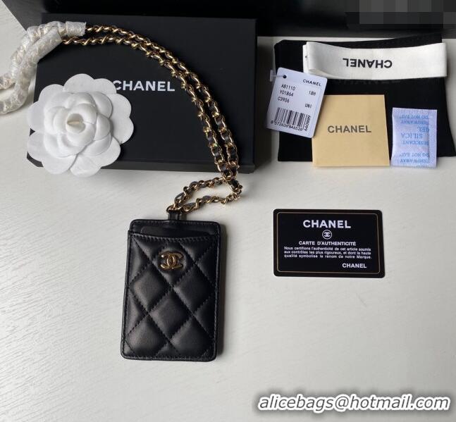 Buy Cheap Chanel Lambskin Card Holder with Neck Strap A81110 Black/Gold 2024