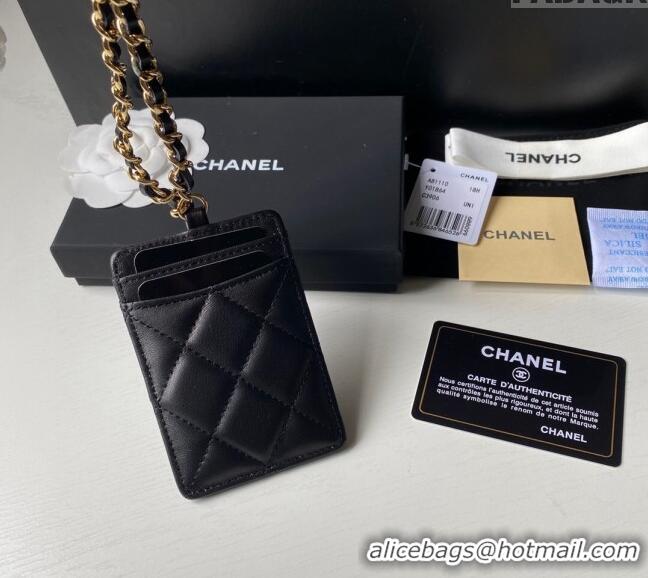 Buy Cheap Chanel Lambskin Card Holder with Neck Strap A81110 Black/Gold 2024