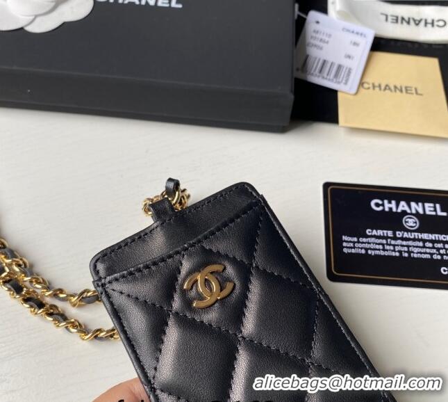 Buy Cheap Chanel Lambskin Card Holder with Neck Strap A81110 Black/Gold 2024