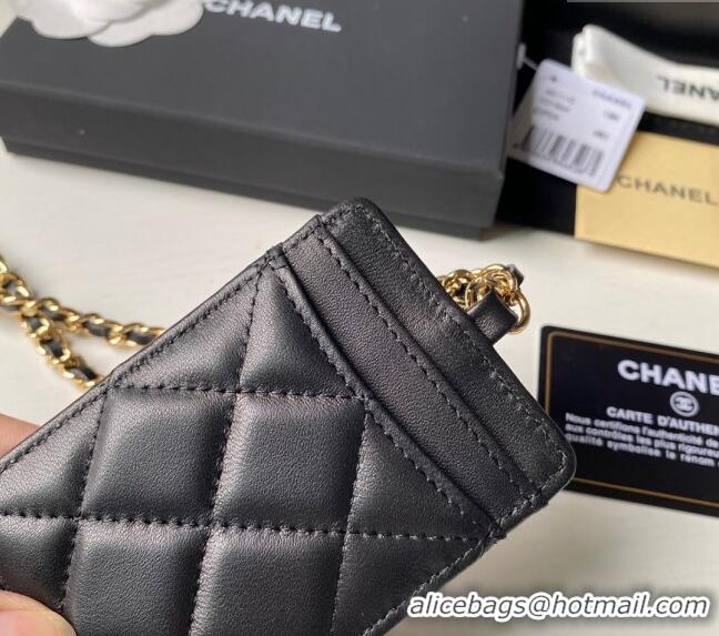 Buy Cheap Chanel Lambskin Card Holder with Neck Strap A81110 Black/Gold 2024