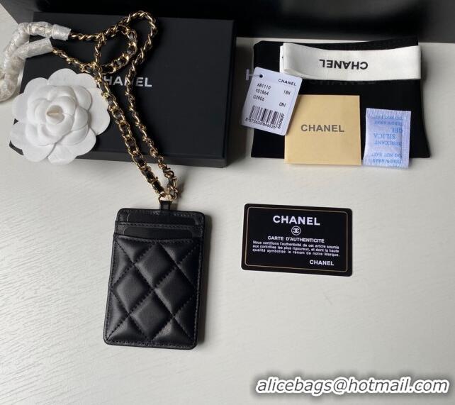 Buy Cheap Chanel Lambskin Card Holder with Neck Strap A81110 Black/Gold 2024