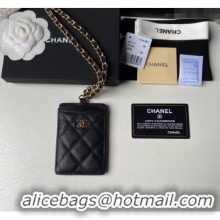 Buy Cheap Chanel Grained Calfskin Card Holder with Neck Strap A81110 Black/Gold 2024