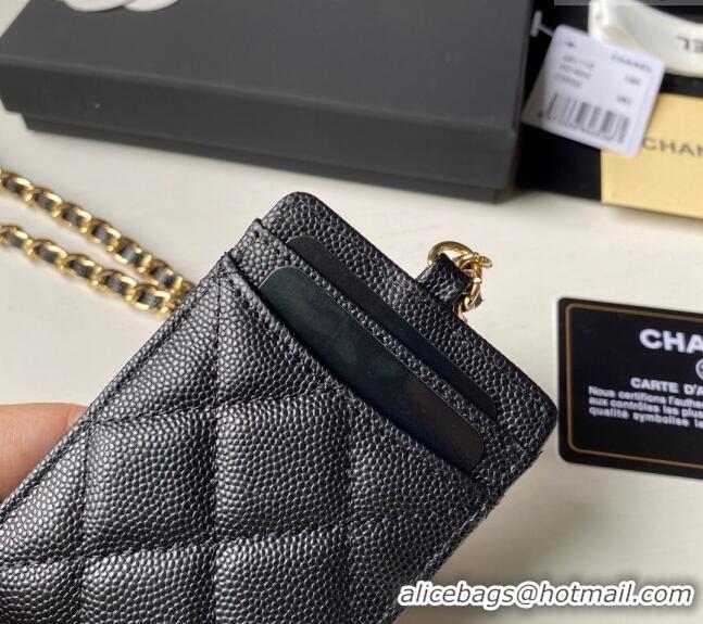 Buy Cheap Chanel Grained Calfskin Card Holder with Neck Strap A81110 Black/Gold 2024