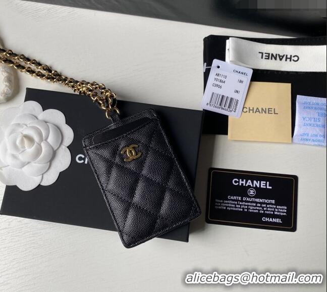 Buy Cheap Chanel Grained Calfskin Card Holder with Neck Strap A81110 Black/Gold 2024