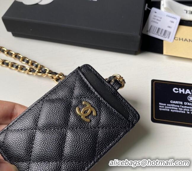 Buy Cheap Chanel Grained Calfskin Card Holder with Neck Strap A81110 Black/Gold 2024