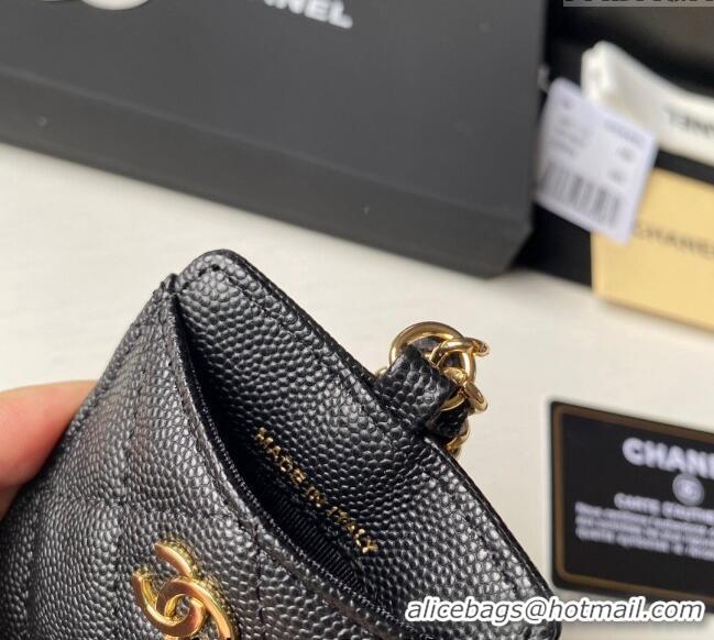 Buy Cheap Chanel Grained Calfskin Card Holder with Neck Strap A81110 Black/Gold 2024