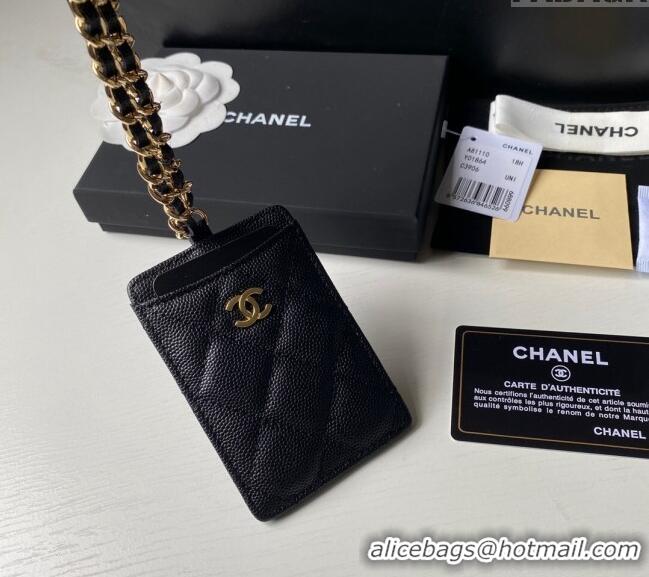 Buy Cheap Chanel Grained Calfskin Card Holder with Neck Strap A81110 Black/Gold 2024