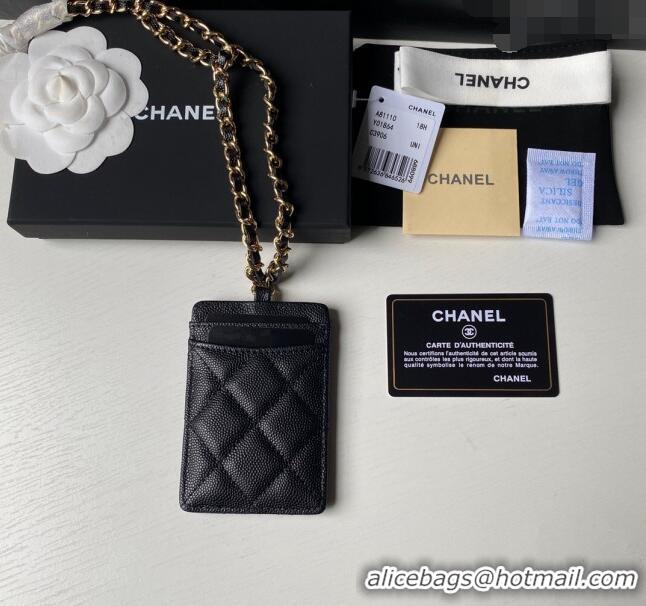 Buy Cheap Chanel Grained Calfskin Card Holder with Neck Strap A81110 Black/Gold 2024