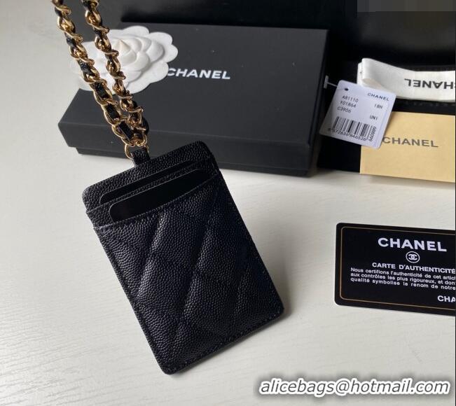 Buy Cheap Chanel Grained Calfskin Card Holder with Neck Strap A81110 Black/Gold 2024