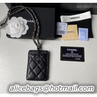 Low Cost Chanel Lambskin Card Holder with Neck Strap A81110 Black/Silver 2024