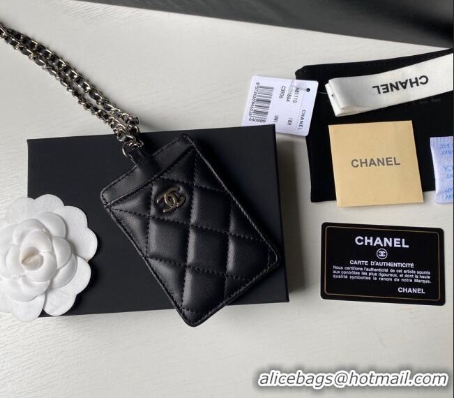 Low Cost Chanel Lambskin Card Holder with Neck Strap A81110 Black/Silver 2024