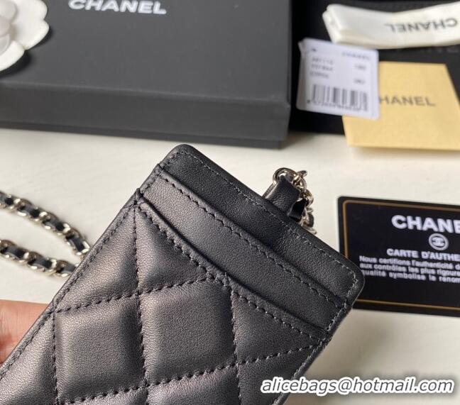 Low Cost Chanel Lambskin Card Holder with Neck Strap A81110 Black/Silver 2024