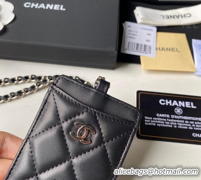 Low Cost Chanel Lambskin Card Holder with Neck Strap A81110 Black/Silver 2024