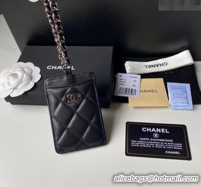 Low Cost Chanel Lambskin Card Holder with Neck Strap A81110 Black/Silver 2024