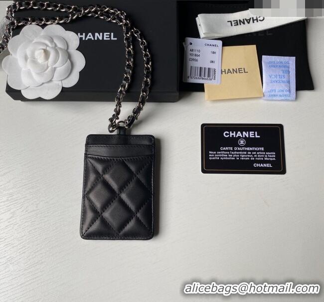 Low Cost Chanel Lambskin Card Holder with Neck Strap A81110 Black/Silver 2024