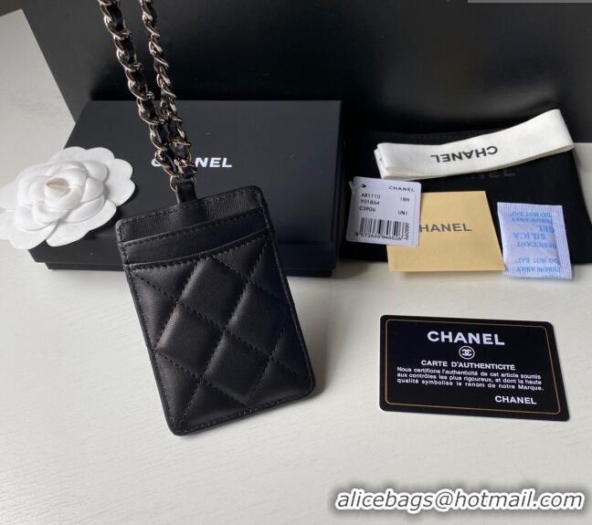 Low Cost Chanel Lambskin Card Holder with Neck Strap A81110 Black/Silver 2024