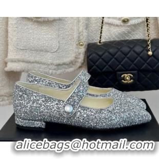 Best Price Chanel Glitter Mary Janes Ballet Flat with Pointed Toe Silver 603141