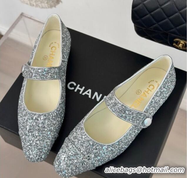 Best Price Chanel Glitter Mary Janes Ballet Flat with Pointed Toe Silver 603141