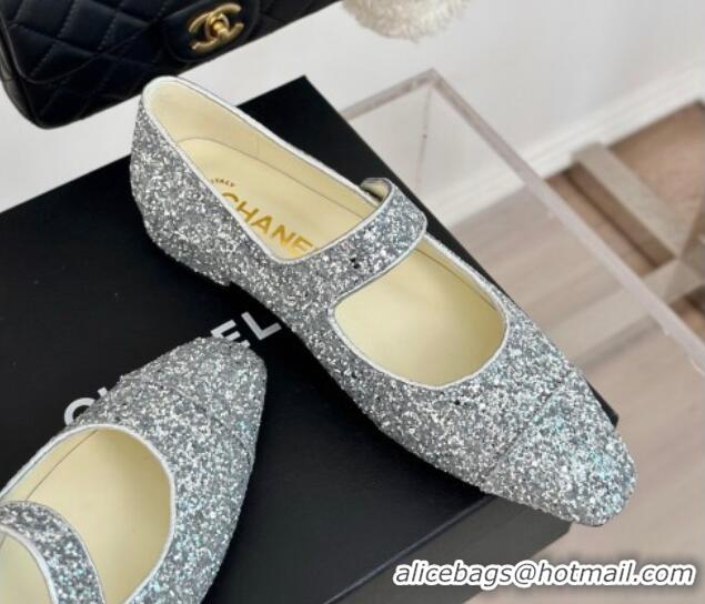 Best Price Chanel Glitter Mary Janes Ballet Flat with Pointed Toe Silver 603141