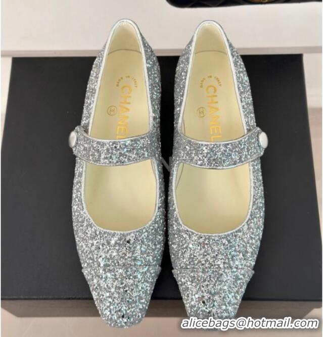 Best Price Chanel Glitter Mary Janes Ballet Flat with Pointed Toe Silver 603141