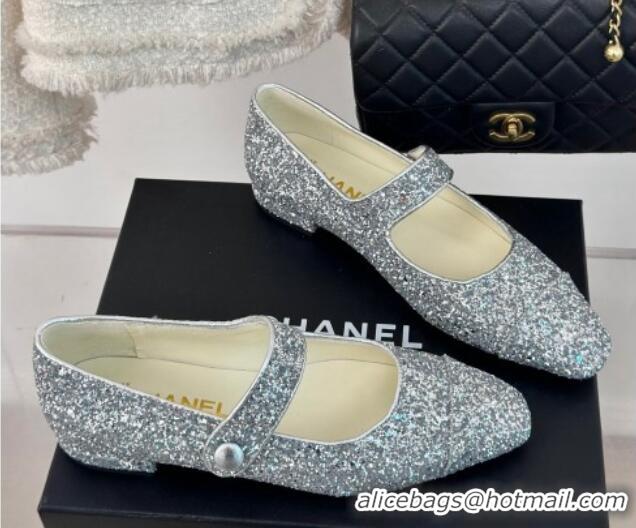 Best Price Chanel Glitter Mary Janes Ballet Flat with Pointed Toe Silver 603141