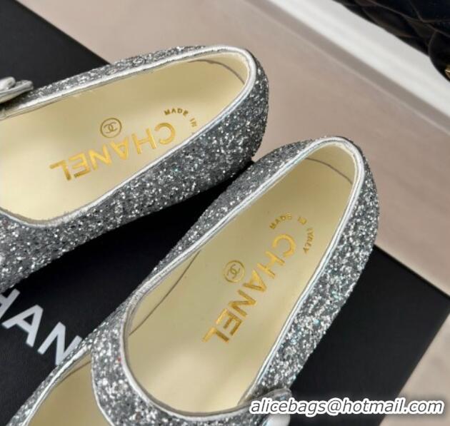 Best Price Chanel Glitter Mary Janes Ballet Flat with Pointed Toe Silver 603141