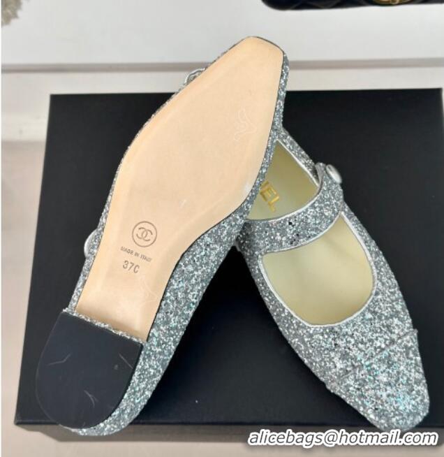 Best Price Chanel Glitter Mary Janes Ballet Flat with Pointed Toe Silver 603141